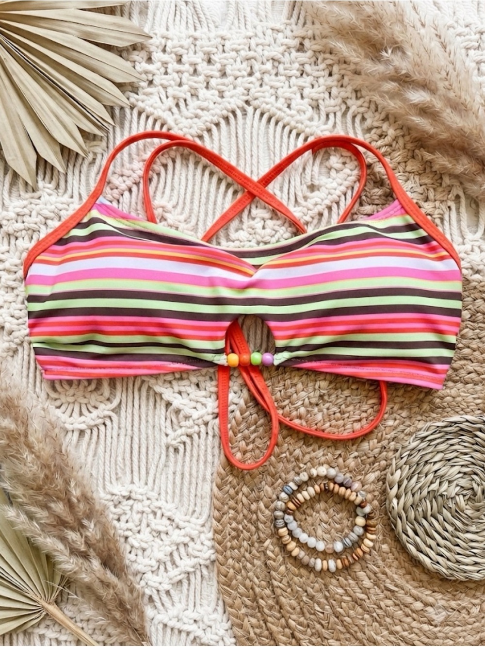No Boundaries Bralette Beaded Striped Women’s Keyhole Bikini Top Swim Multi NWT